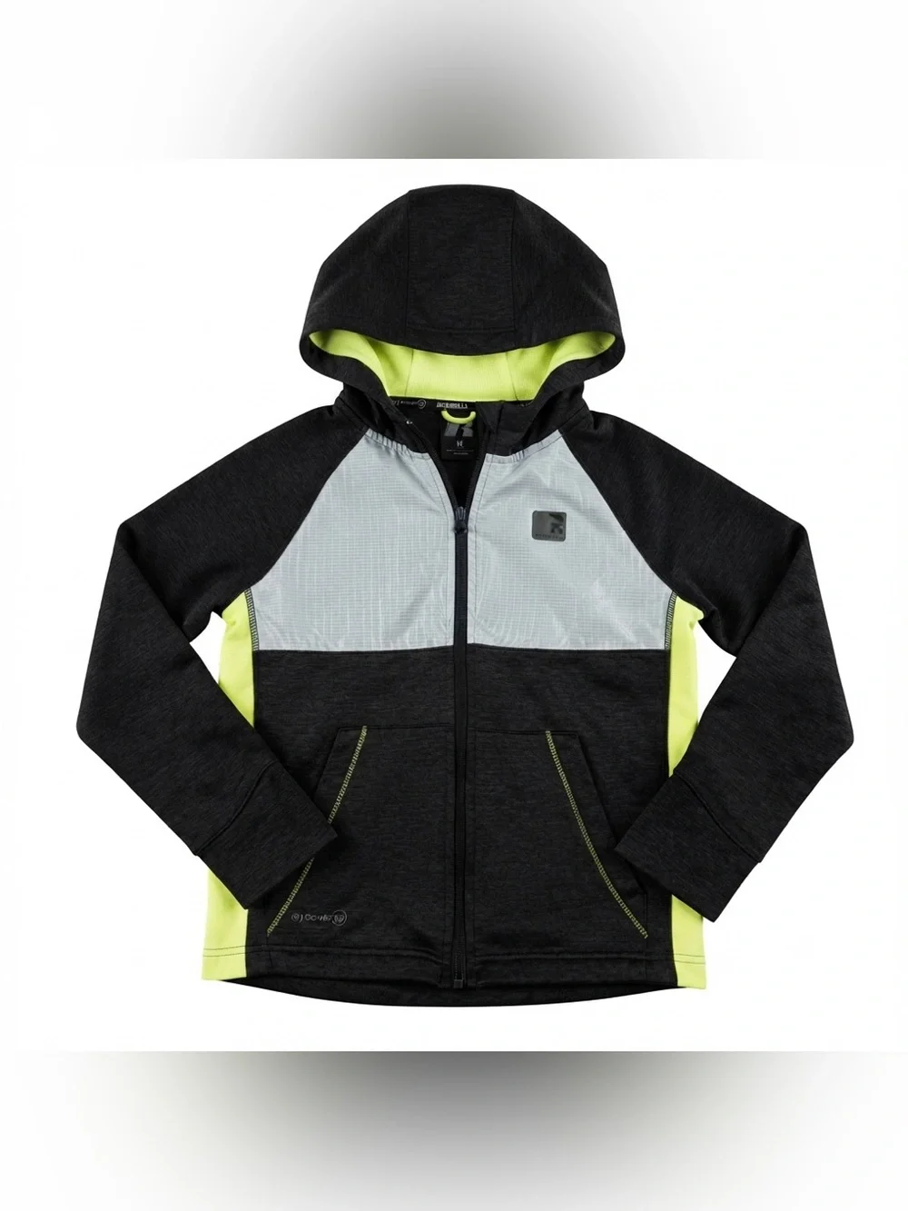 Russell Boys Full Zip Active Jacket Hoodie Black Gray Neon Yellow Size M
